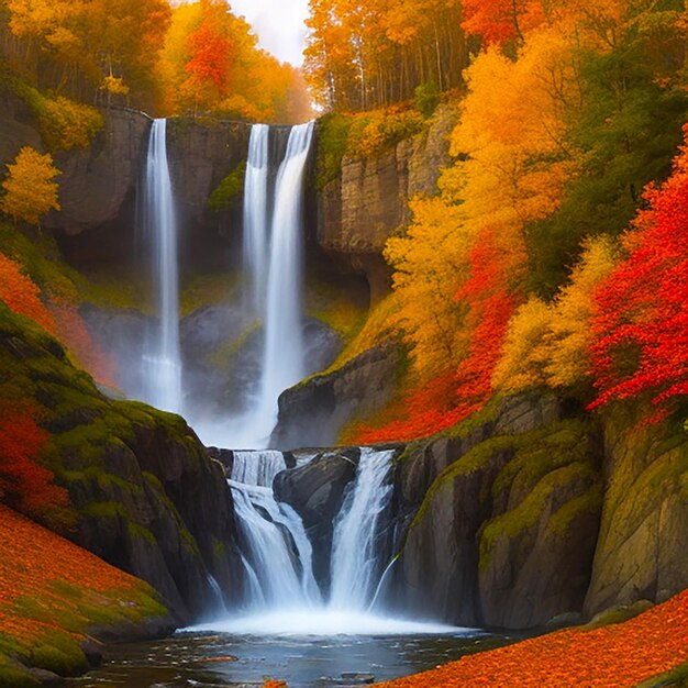 Cascade majestueuse et colorée dans la forêt du parc national pendant les automnes générée par l'IA