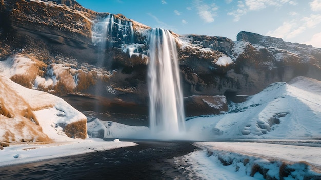 Une cascade majestueuse dans un paysage enneigé sous un ciel bleu une scène naturelle sereine parfaite pour l'art mural et les brochures de voyage AI