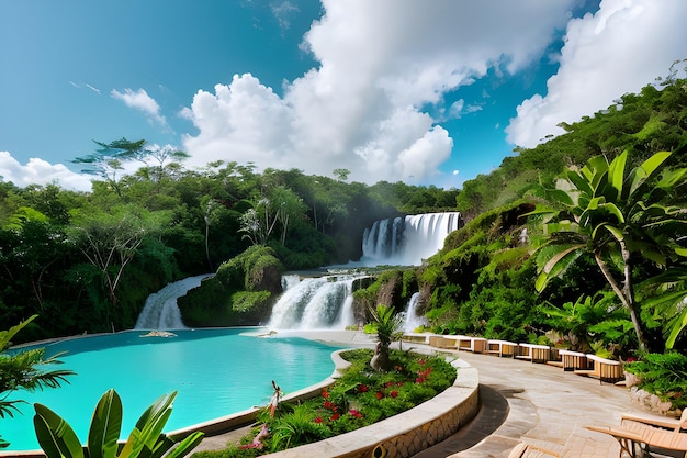 Une cascade majestueuse dans un paysage de forêt tropicale