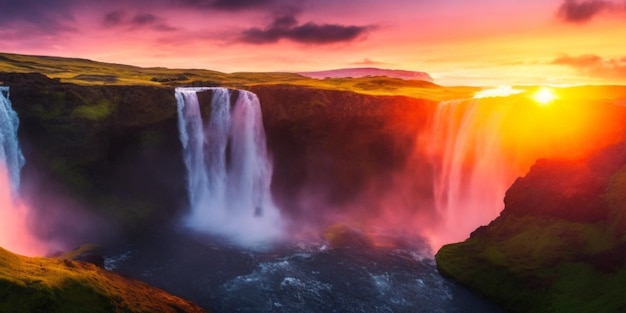 Cascade majestueuse en Islande éclairée par les teintes chaudes du soleil couchant