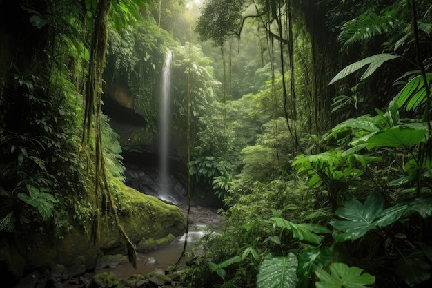 Cascade majestueuse plongeant au bord d'une vallée de jungle luxuriante créée avec une IA générative