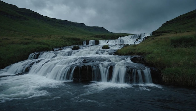 une cascade avec une montagne verte en arrière-plan