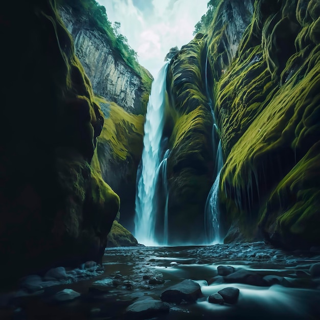 La cascade naturelle de l'épaule de la rivière à travers le sommet de la montagne