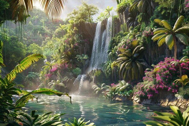 Photo une cascade avec un palmier en arrière-plan et le soleil brillant sur l'eau