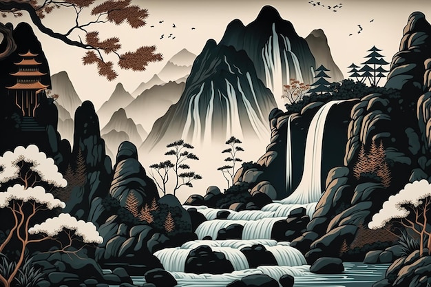 Cascade et paysage de montagne dans un style japonais minimaliste oriental traditionnel