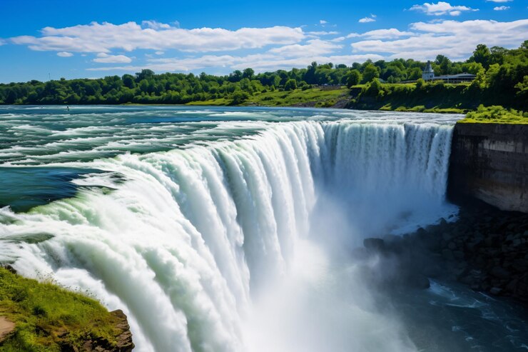 Photo une cascade avec une personne debout au bord