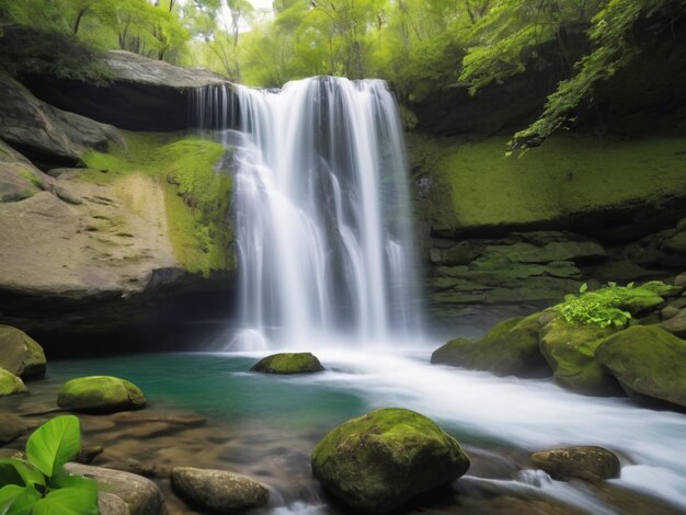 Une cascade à pétales verts qui tombe en cascade sur les rochers.