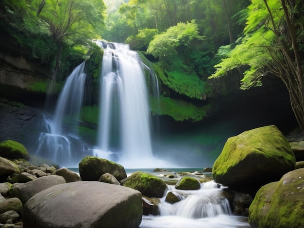 Une cascade à pétales verts qui tombe en cascade sur les rochers.