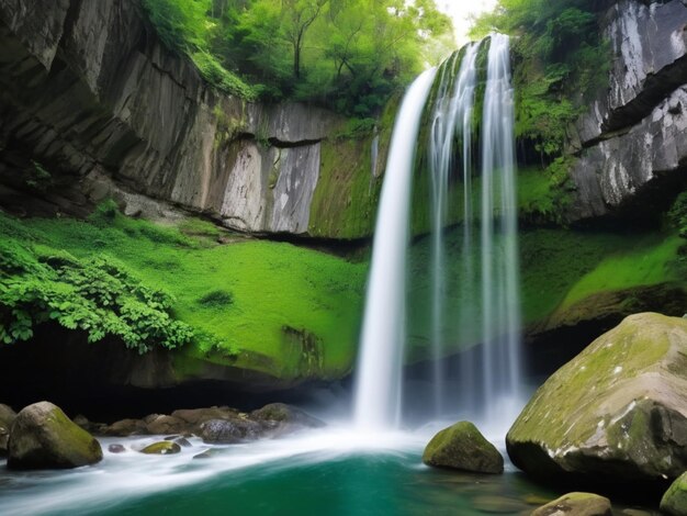 Une cascade à pétales verts qui tombe en cascade sur les rochers.