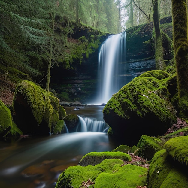 Une cascade pittoresque dans une forêt de mousse