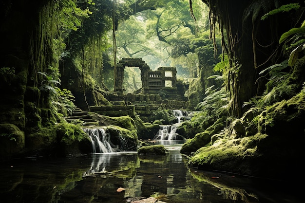 Photo une cascade pittoresque qui descend en cascade des falaises rocheuses entourée d'une végétation luxuriante