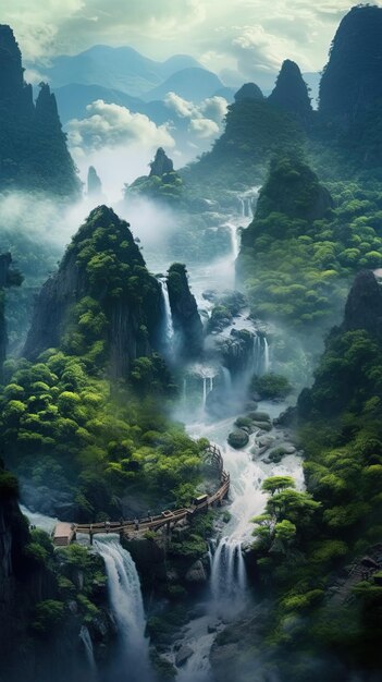 Photo une cascade avec un pont en arrière-plan et un pont au milieu