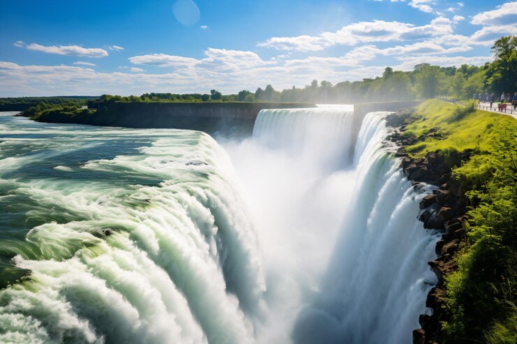 Photo une cascade avec quelques personnes marchant à côté