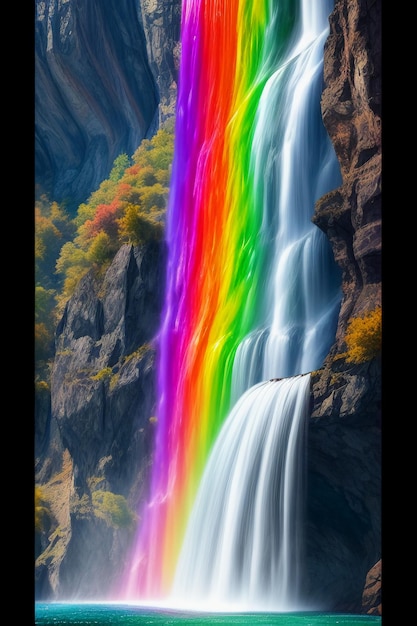 Photo la cascade qui coule de la montagne forme un magnifique arc-en-ciel