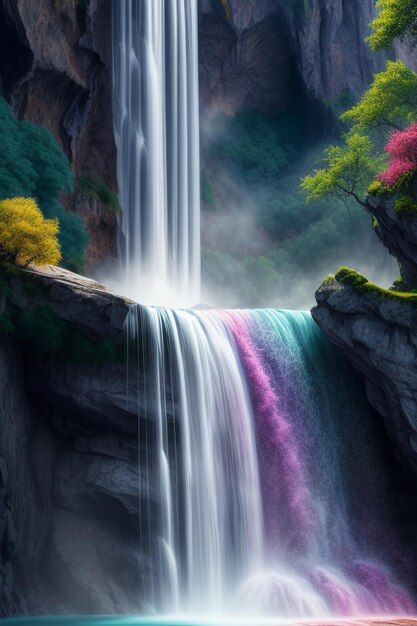 La cascade qui descend de la montagne forme un magnifique arc-en-ciel