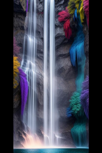 Photo la cascade qui descend de la montagne forme un magnifique arc-en-ciel