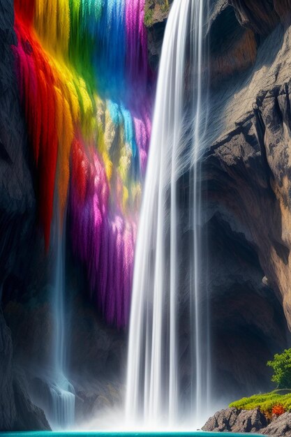 Photo la cascade qui descend de la montagne forme un magnifique arc-en-ciel