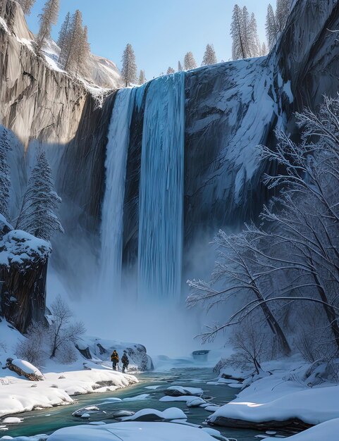 Photo une cascade qui est gelée et qui a de la neige sur le sol