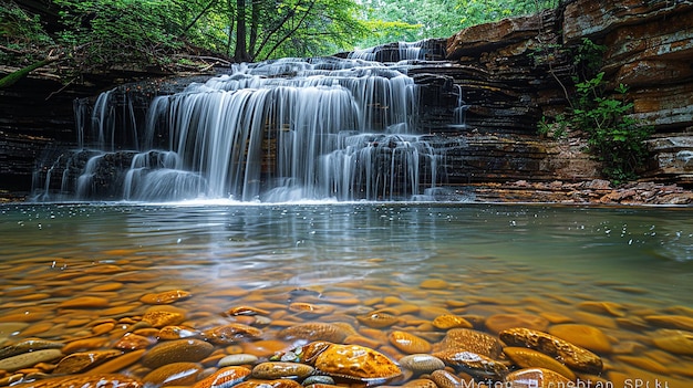 une cascade avec des rochers orange et des rochers de couleur or