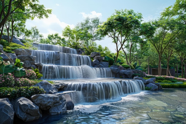 Cascade sereine dans le parc vert luxuriant avec l'eau en cascade et l'étang réfléchissant sous un ciel bleu clair