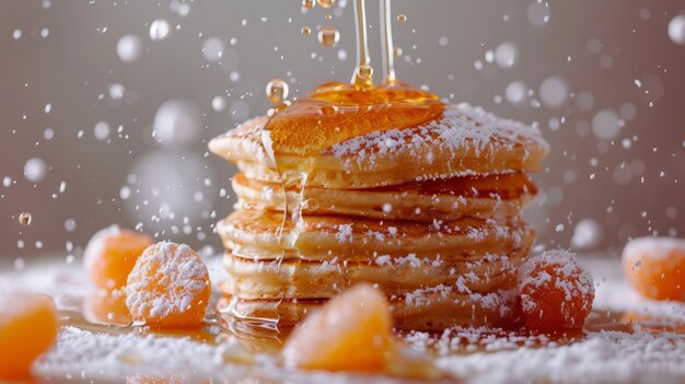 Une cascade de sirop d'érable en cascade sur une pile de crêpes moelleuses