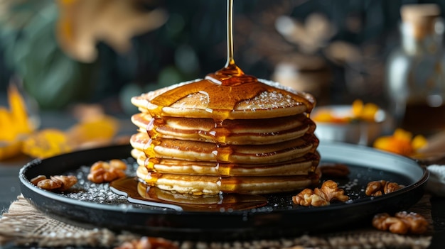 Une cascade de sirop d'érable en cascade sur une pile de crêpes moelleuses