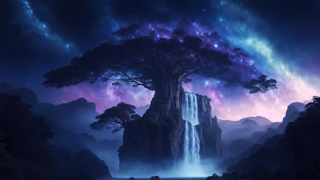 Cascade sous un grand arbre galaxie ciel atmosphère dramatique