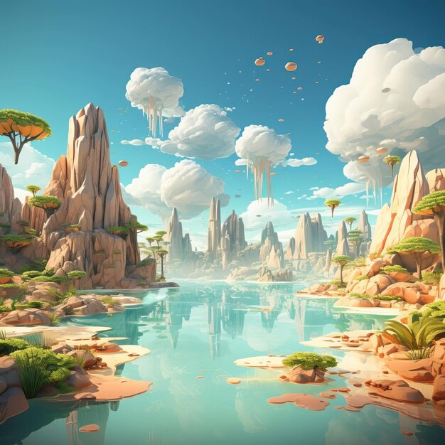 Une cascade surréaliste low poly coule vers le haut dans le ciel