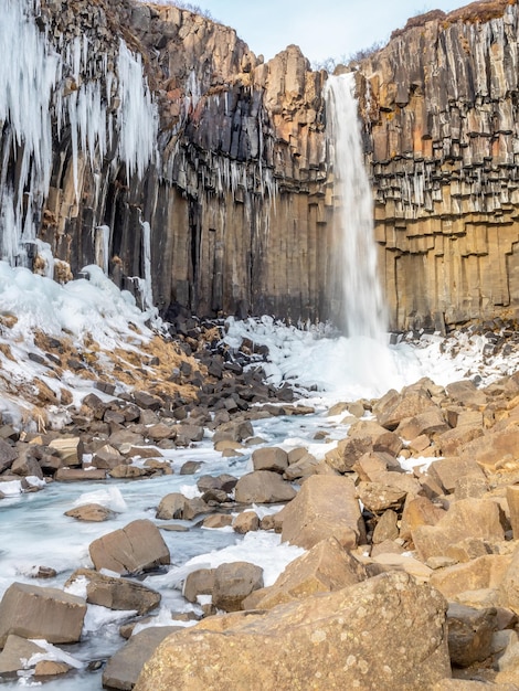 Cascade de Svartifoss en Islande située dans le parc national de Vatnajokull parmi les larves noires