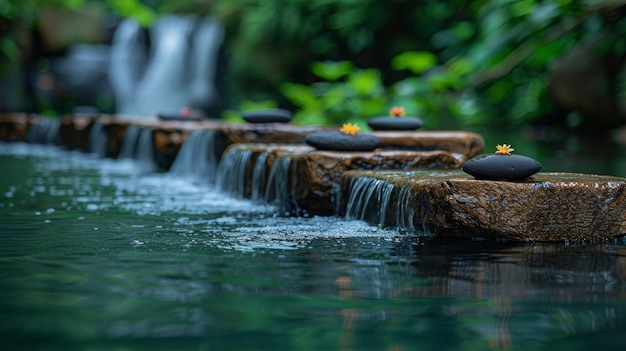 Une cascade tranquille avec des pierres qui bordent ses bords et flottent gracieusement sur sa surface les pierres