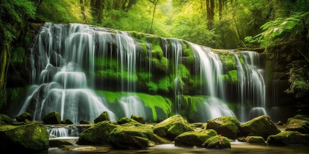 Une cascade verte dans une forêt avec de la mousse sur les rochers