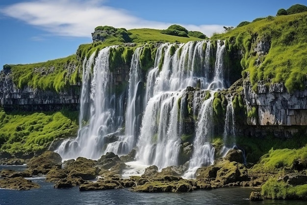 une cascade volcanique avec des falaises rocheuses et une végétation luxuriante