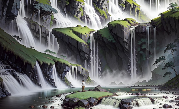 Cascades dans les collines fond de paysage pour enfants livres peintures art mural Generative AI