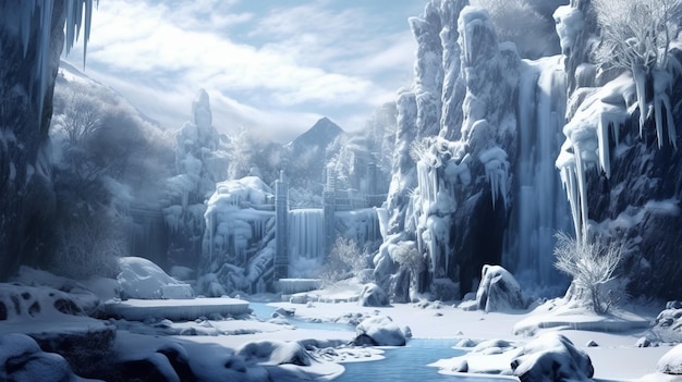 Photo cascades gelées arrière-plan numérique enneigé avec des flocons de neige l'élégance glaciale de la nature dans l'art des pixels scène captivante de beauté gelée serenité éthérée au milieu des chutes de neige generative ai