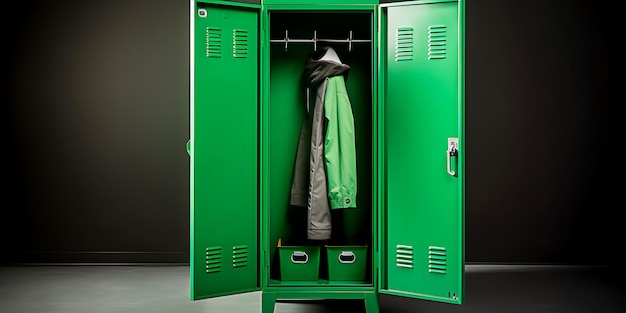 Casier en métal de couleur verte avec porte ouverte et vêtements suspendus à un cintre à l'intérieur d'un collège ou d'une salle de formation