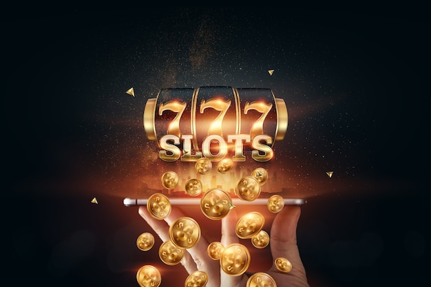 Casino en ligne, smartphone avec machine à sous avec jackpot et pièces d'or. Machines à sous en ligne, Lucky Seven 777, style or foncé. Concept de chance, jeu, jackpot, bannière.