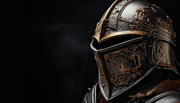 Photo casque et armure de chevalier sur un fond noir