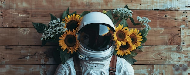 Un casque d'astronaute orné de tournesols sur une toile de fond en bois