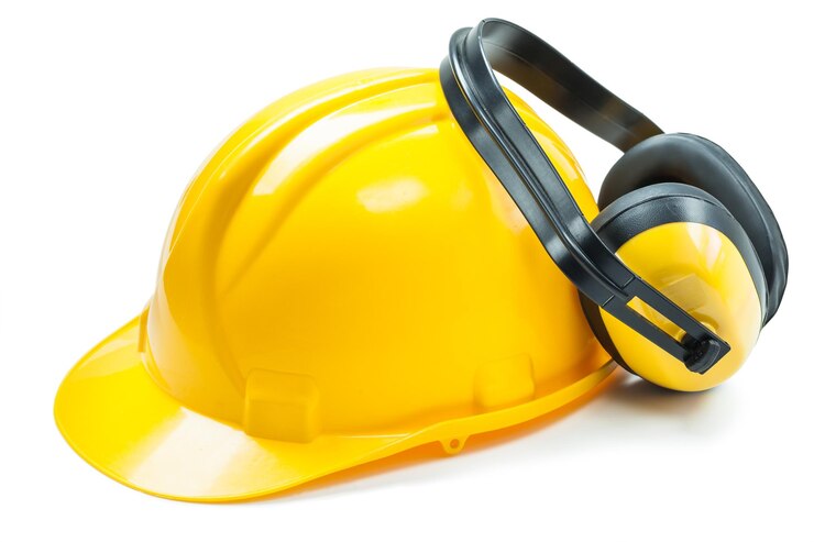 Photo casque avec casque de construction jaune isolé sur blanc