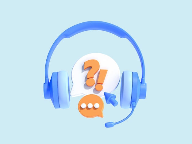 Casque de centre d'appels 3D avec message de bulle vocale Support client en ligne Contactez-nous Assistant et service d'assistance téléphonique Icône de conception créative de dessin animé isolée sur fond bleu Rendu 3D