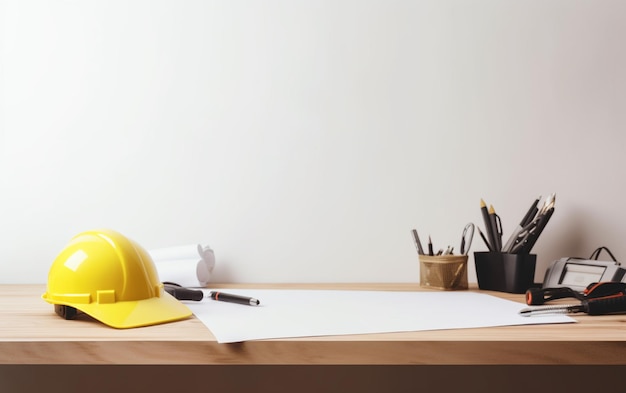 Photo un casque de construction jaune et quelques papiers sur un bureau