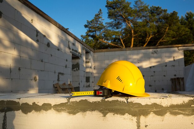 Casque de construction et ruban à mesurer sur la fenêtre d'une maison en construction faite de blocs de béton poreux. Workflow, architecture et ingénierie, bâtiment. Sécurité de travail et outils.