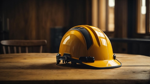 casque de construction sur une table en bois