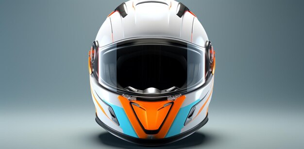 un casque de course avec un casque blanc orange et bleu clair