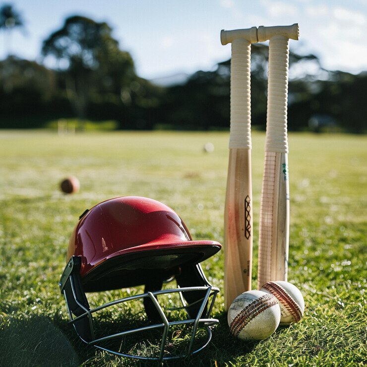 Photo casque de cricket et souches sur le terrain de cricket