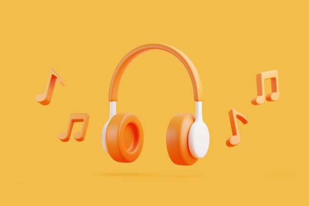 Casque de dessin animé et note de mélodie volant sur fond orange Concept d'écoute de musique 3D