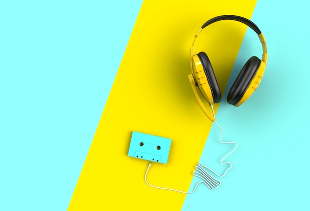 Photo casque d'écoute avec cassette bleu sur fond bleu et jaune