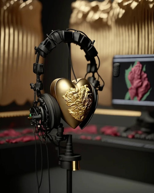 Un casque d'écoute en forme de cœur doré avec un cœur dessus