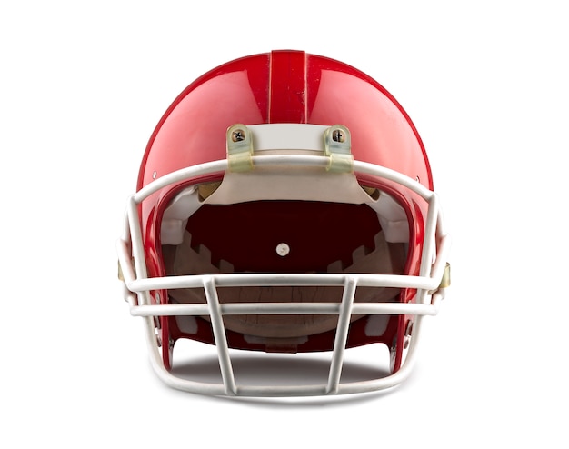 Casque de football américain rouge isolé sur fond blanc avec un tracé de détourage détaillé.