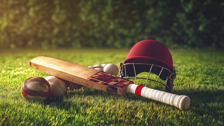 Photo casque à gants de bat de cricket et balle sur l'herbe au stade